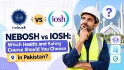 A thoughtful man in a safety vest and hard hat stands in front of a modern building, contemplating the choice between NEBOSH and IOSH health and safety courses in Pakistan.